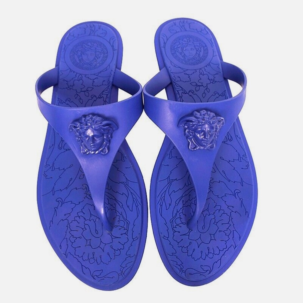 VERSACE Blue Rubber MEDUSA LOGO Flip Flops Pool JELLY SANDALS